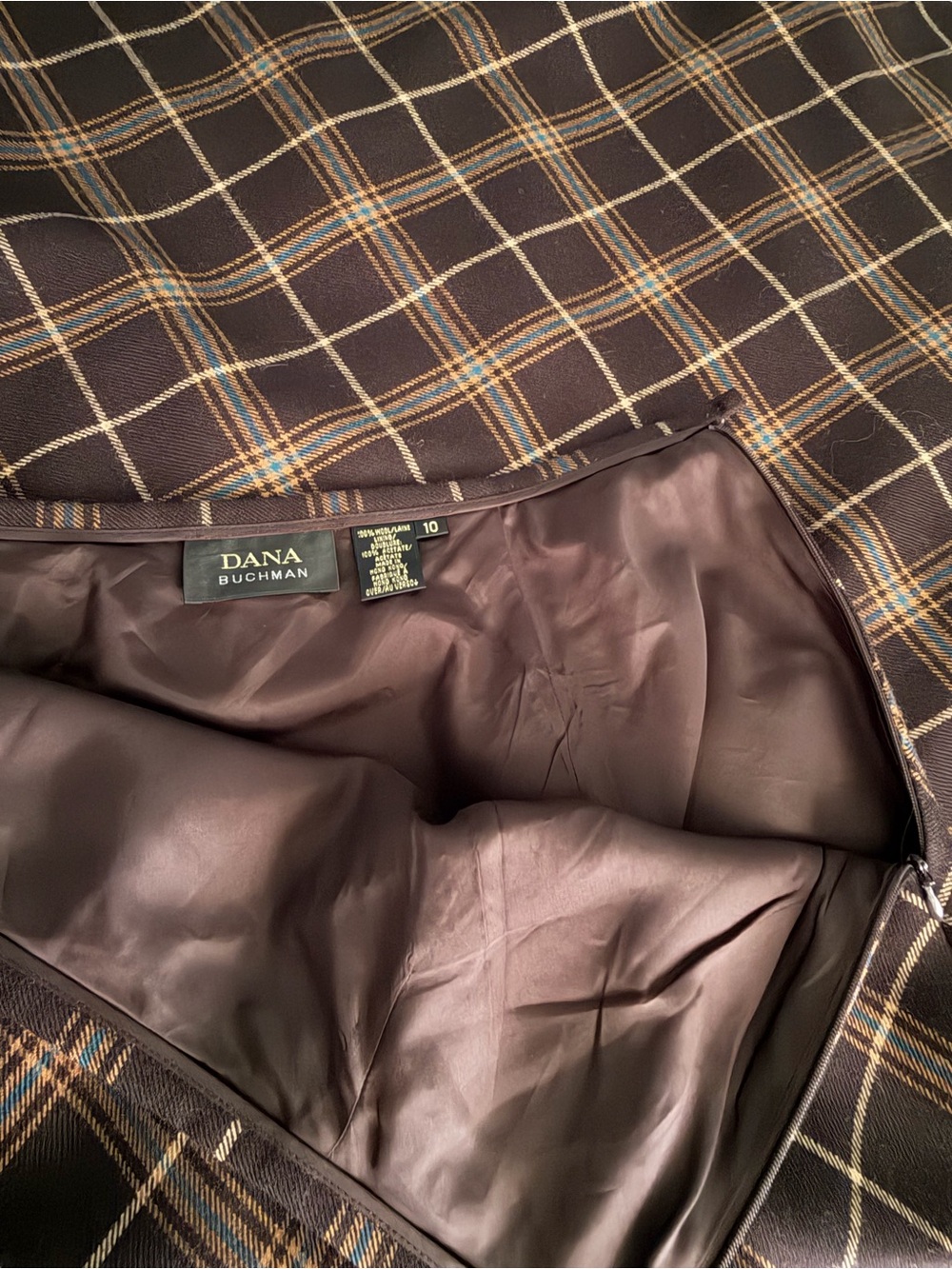 Vintage Dana Buchman Chocolate Brown 100% Wool Plaid A-Line Maxi Skirt Hong Kong - Picture 4 of 9